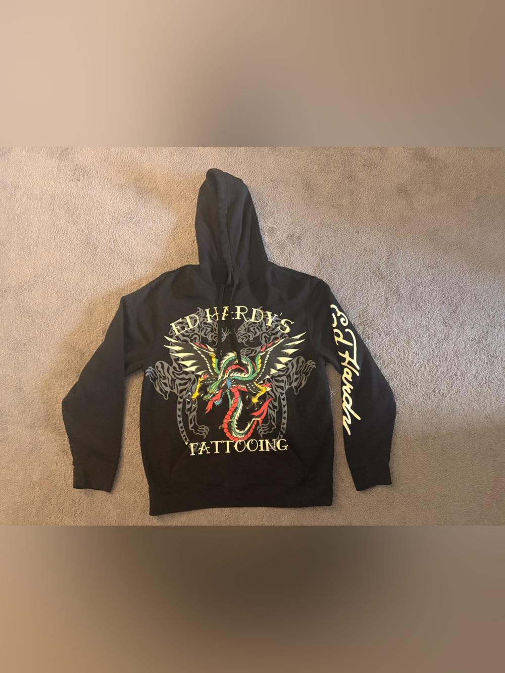 Ed Hardy Black Hoodie with Multicolor Dragon Graphic